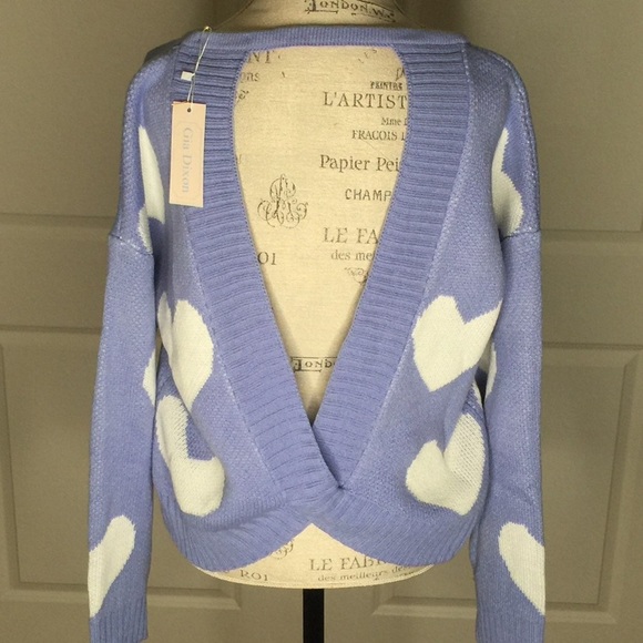 gia dixon Sweaters - Lavendar S/M Sweater Open Back w/ White Hearts Reversible Plunge Top